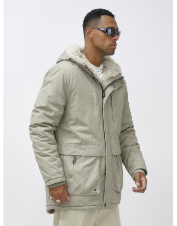 Мужская зимняя удлиненная парка с мехом, бежевый, для активного отдыха в Тюмени
