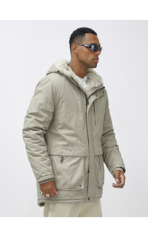 Мужская зимняя удлиненная парка с мехом, бежевый, для активного отдыха в Тюмени