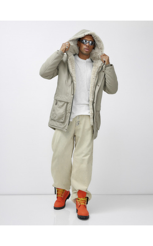 Мужская зимняя удлиненная парка с мехом, бежевый, для активного отдыха в Тюмени