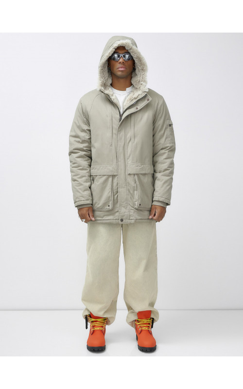 Мужская зимняя удлиненная парка с мехом, бежевый, для активного отдыха в Тюмени