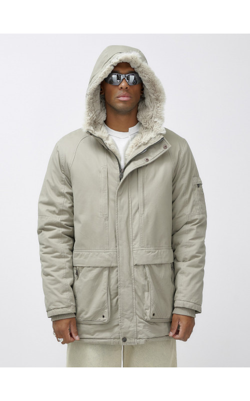 Мужская зимняя удлиненная парка с мехом, бежевый, для активного отдыха в Тюмени