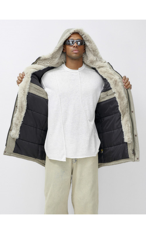 Мужская зимняя удлиненная парка с мехом, бежевый, для активного отдыха в Тюмени