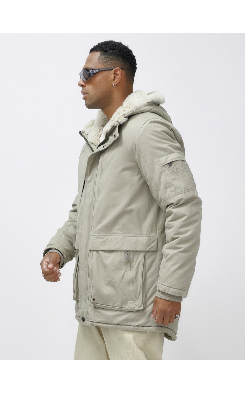 Мужская зимняя удлиненная парка с мехом, бежевый, для активного отдыха в Тюмени