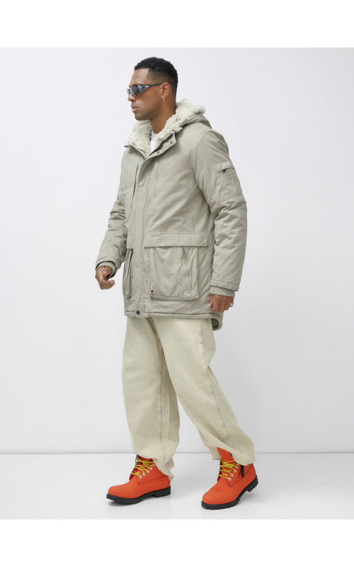 Мужская зимняя удлиненная парка с мехом, бежевый, для активного отдыха в Тюмени