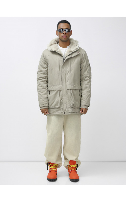 Мужская зимняя удлиненная парка с мехом, бежевый, для активного отдыха в Тюмени