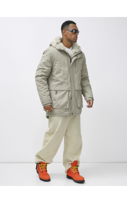 Мужская зимняя удлиненная парка с мехом, бежевый, для активного отдыха в Тюмени