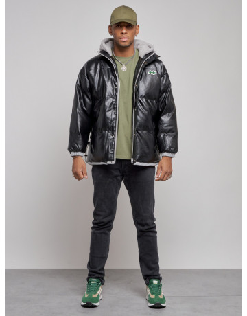 Мужская зимняя куртка из экокожи с капюшоном