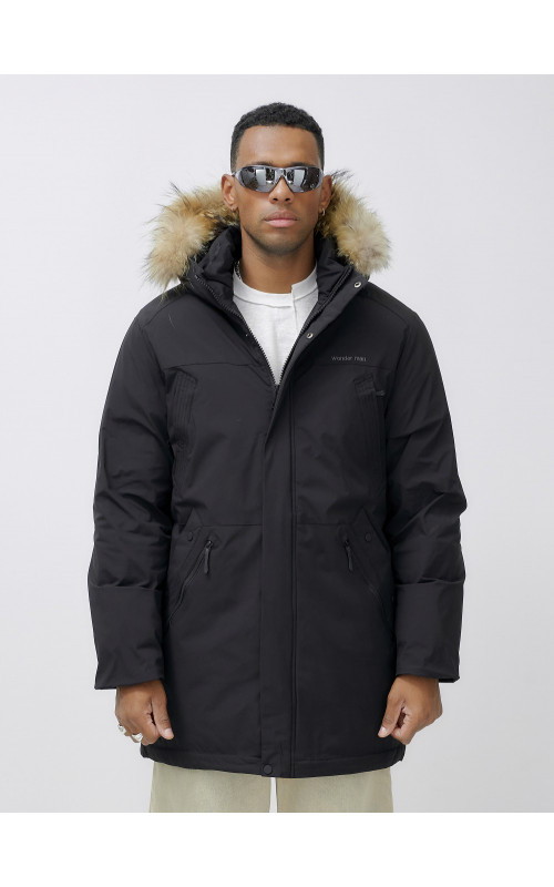 Мужская зимняя удлиненная парка с мехом, чёрная, для активного отдыха в Тюмени
