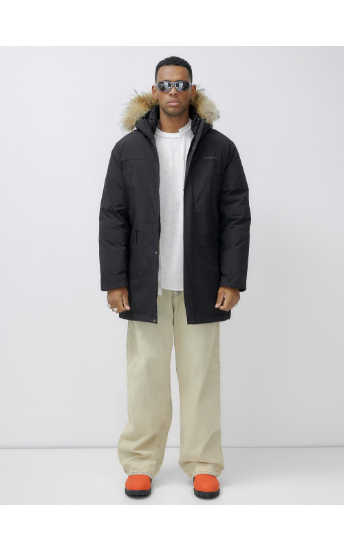 Мужская зимняя удлиненная парка с мехом, чёрная, для активного отдыха в Тюмени