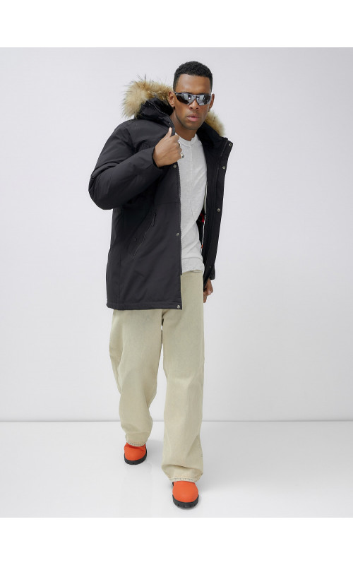 Мужская зимняя удлиненная парка с мехом, чёрная, для активного отдыха в Тюмени