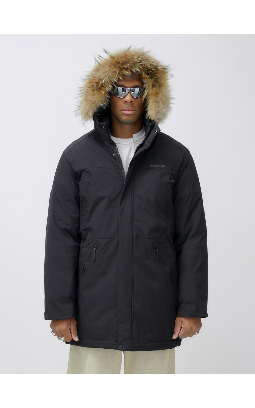 Мужская зимняя удлиненная парка с мехом, чёрная, для активного отдыха в Тюмени