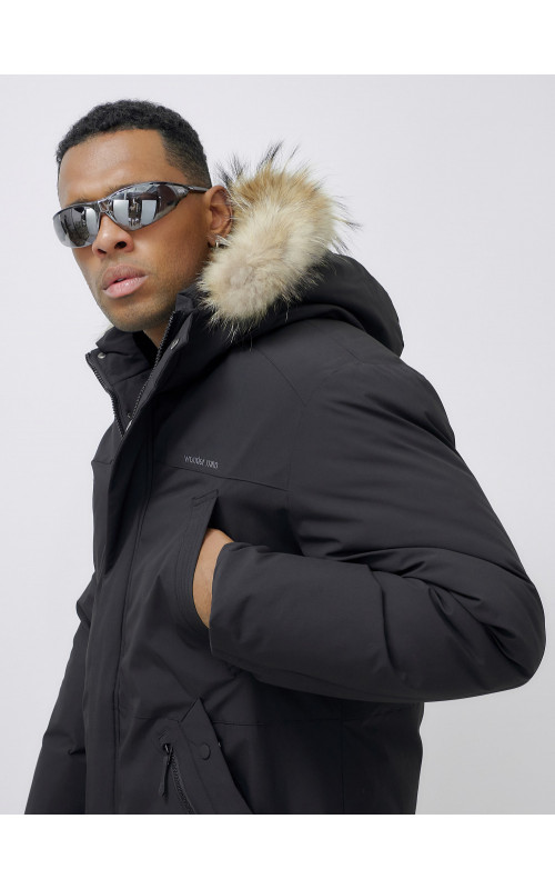 Мужская зимняя удлиненная парка с мехом, чёрная, для активного отдыха в Тюмени