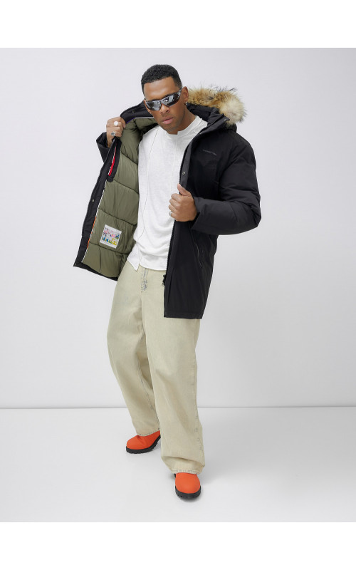 Мужская зимняя удлиненная парка с мехом, чёрная, для активного отдыха в Тюмени