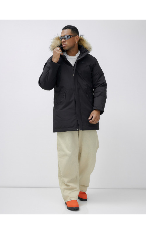 Мужская зимняя удлиненная парка с мехом, чёрная, для активного отдыха в Тюмени