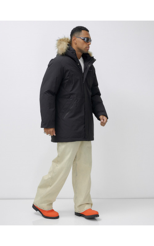 Мужская зимняя удлиненная парка с мехом, чёрная, для активного отдыха в Тюмени
