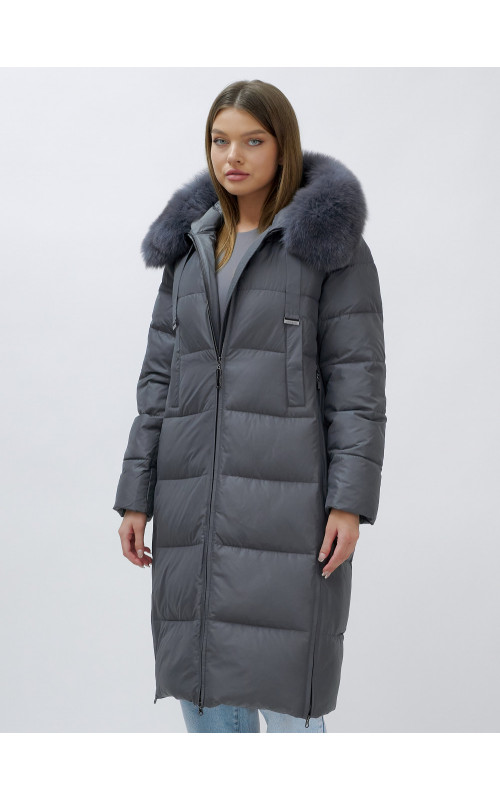 Длинный зимний пуховик с мехом песца для женщин