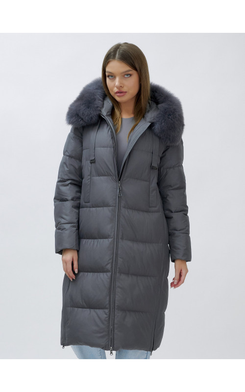 Длинный зимний пуховик с мехом песца для женщин