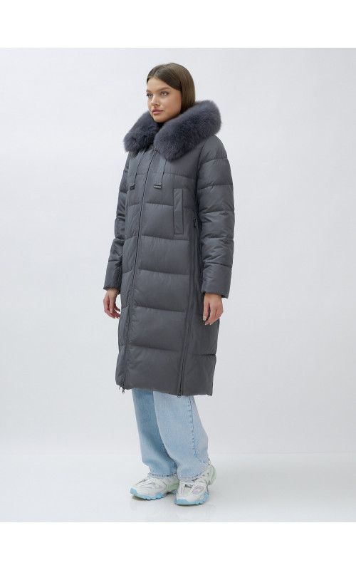 Длинный зимний пуховик с мехом песца для женщин