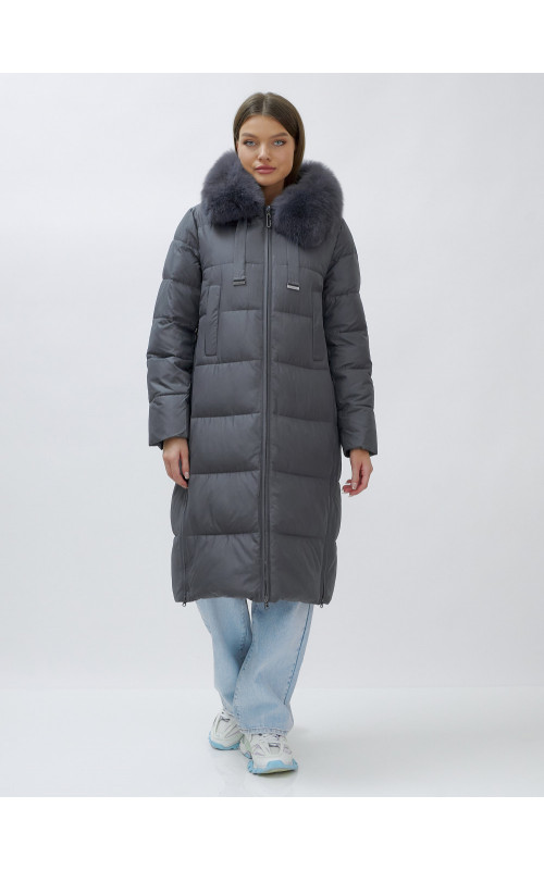 Длинный зимний пуховик с мехом песца для женщин
