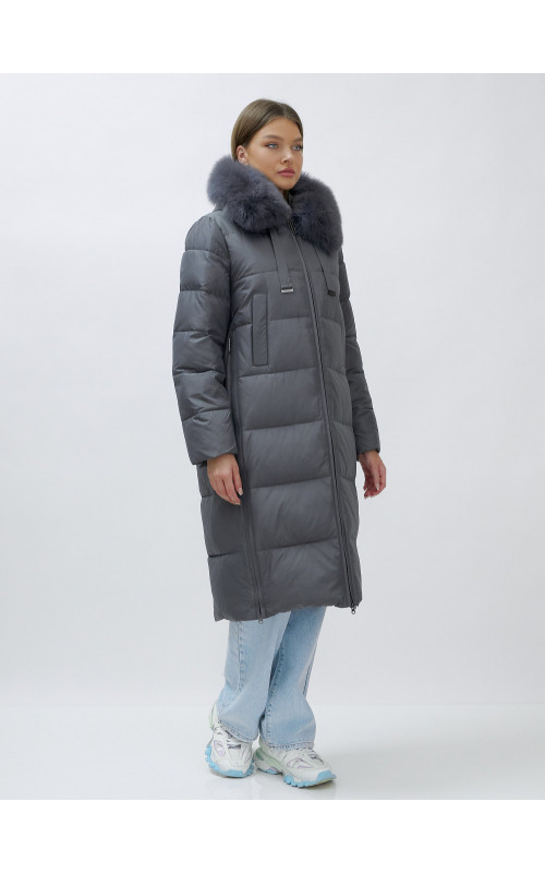 Длинный зимний пуховик с мехом песца для женщин