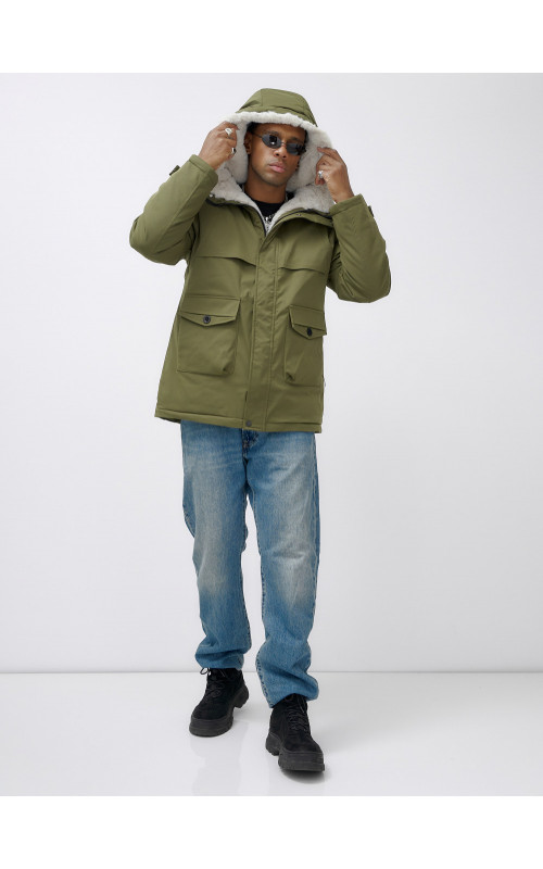 Мужская зимняя парка удлинённая с мехом, хаки, для активного отдыха в Тюмени