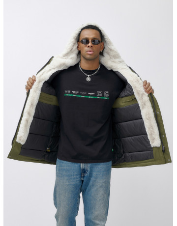 Мужская зимняя парка удлинённая с мехом, хаки, для активного отдыха в Тюмени