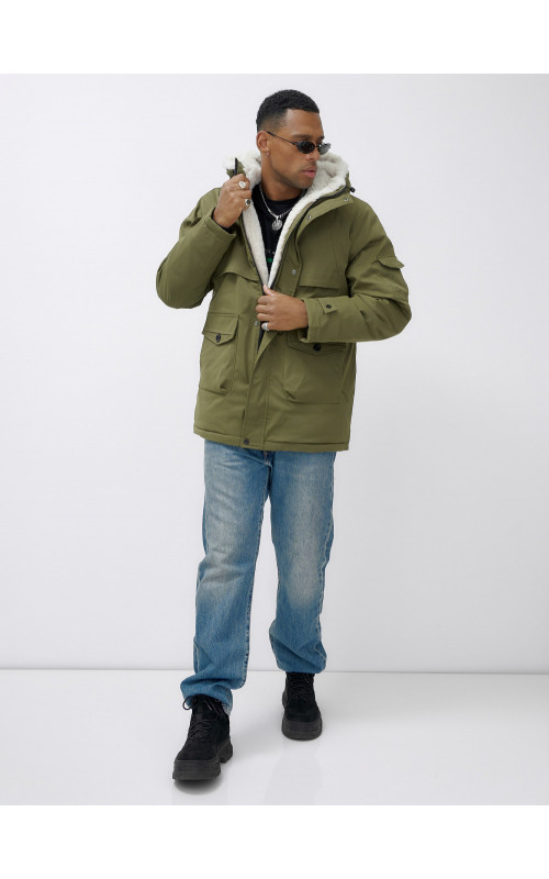 Мужская зимняя парка удлинённая с мехом, хаки, для активного отдыха в Тюмени