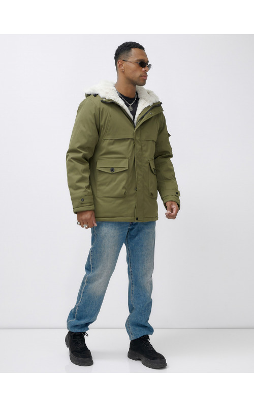 Мужская зимняя парка удлинённая с мехом, хаки, для активного отдыха в Тюмени