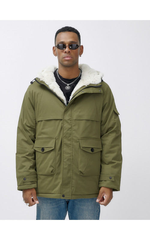 Мужская зимняя парка удлинённая с мехом, хаки, для активного отдыха в Тюмени