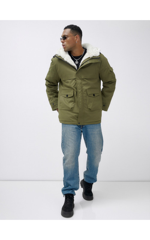Мужская зимняя парка удлинённая с мехом, хаки, для активного отдыха в Тюмени