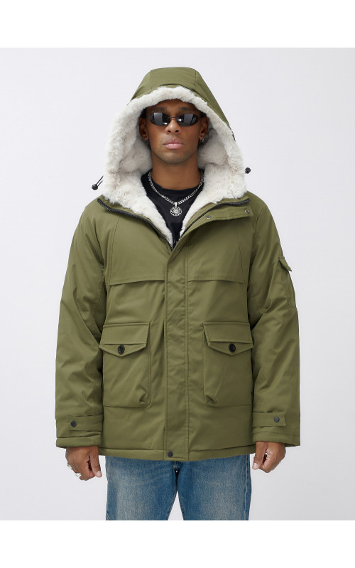 Мужская зимняя парка удлинённая с мехом, хаки, для активного отдыха в Тюмени