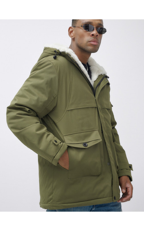 Мужская зимняя парка удлинённая с мехом, хаки, для активного отдыха в Тюмени