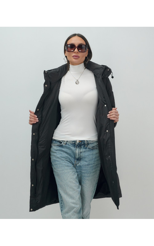 Длинный женский пуховик с капюшоном для зимы