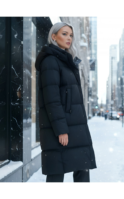 Длинный женский пуховик с капюшоном для зимы