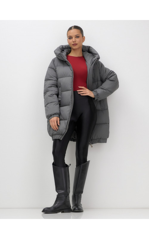 Женский зимний пуховик большого размера, тёмно-серый. в Тюмени