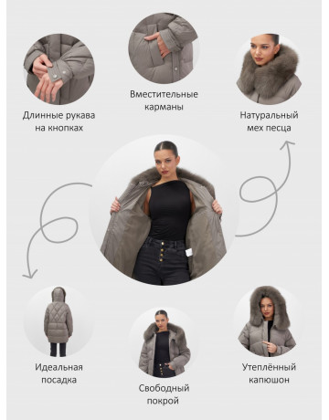 Пуховик с мехом песца для женщин, удлинённый, чёрный.