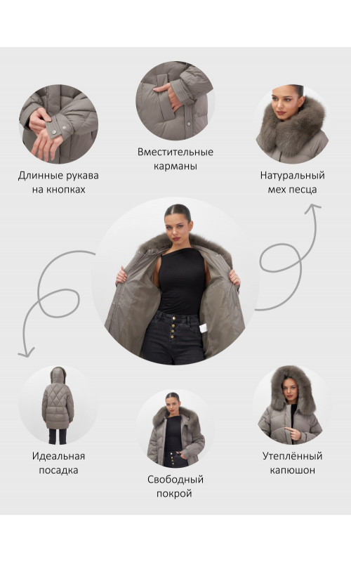 Пуховик с мехом песца для женщин, удлинённый, чёрный.