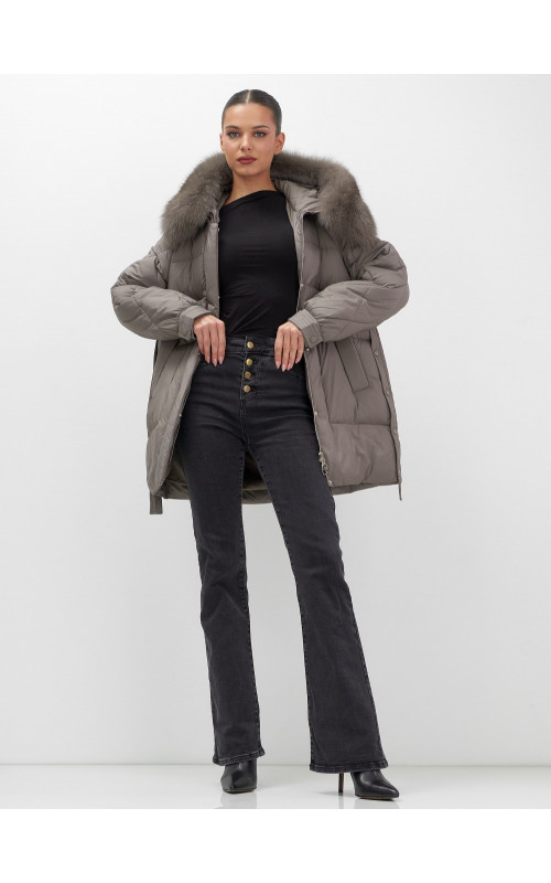 Пуховик с мехом песца для женщин, удлинённый, чёрный.