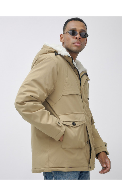 Мужская зимняя удлиненная парка с мехом горчичного оттенка. в Тюмени