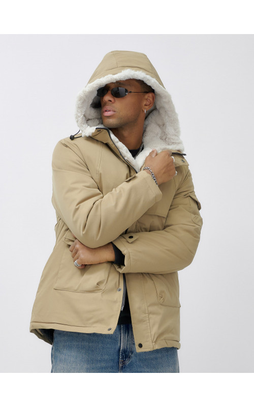 Мужская зимняя удлиненная парка с мехом горчичного оттенка. в Тюмени