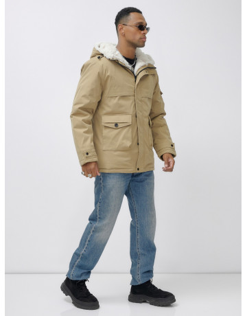 Мужская зимняя удлиненная парка с мехом горчичного оттенка. в Тюмени