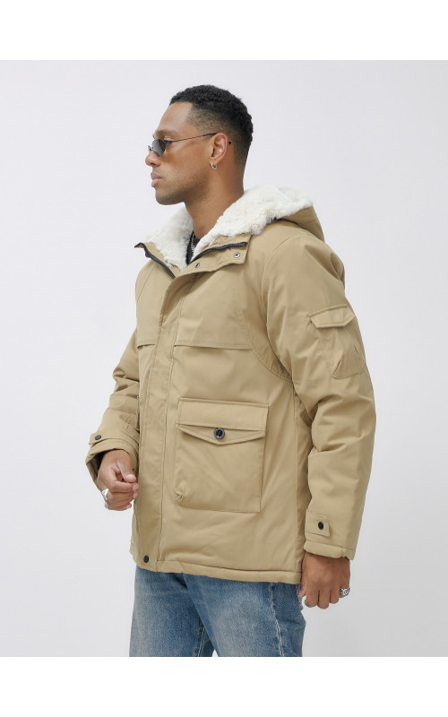 Мужская зимняя удлиненная парка с мехом горчичного оттенка. в Тюмени