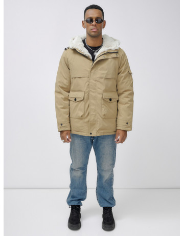 Мужская зимняя удлиненная парка с мехом горчичного оттенка. в Тюмени