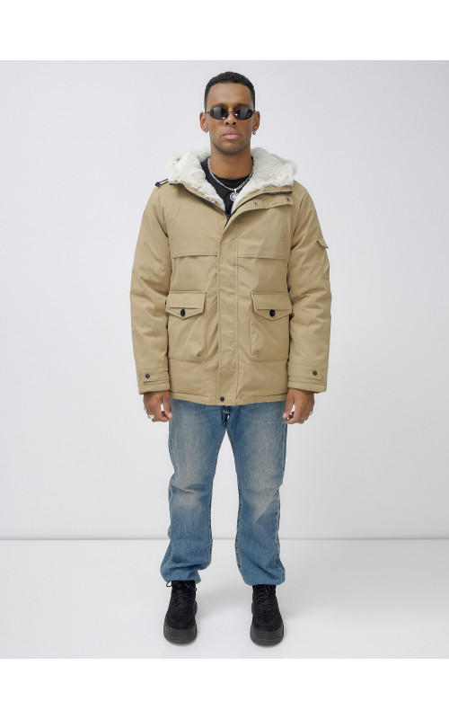 Мужская зимняя удлиненная парка с мехом горчичного оттенка. в Тюмени