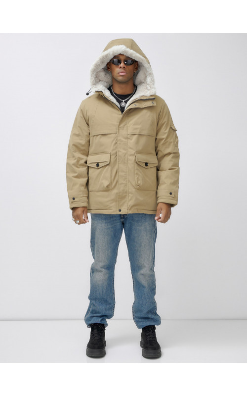 Мужская зимняя удлиненная парка с мехом горчичного оттенка. в Тюмени