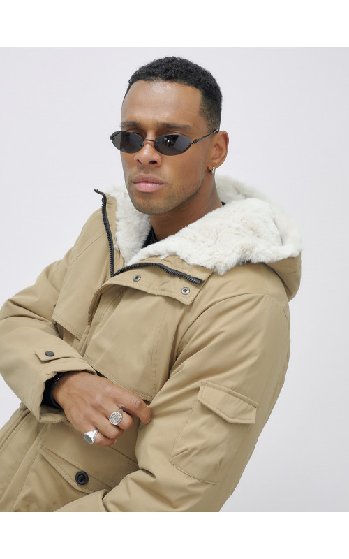 Мужская зимняя удлиненная парка с мехом горчичного оттенка. в Тюмени