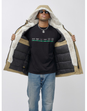 Мужская зимняя удлиненная парка с мехом горчичного оттенка. в Тюмени