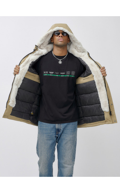 Мужская зимняя удлиненная парка с мехом горчичного оттенка. в Тюмени