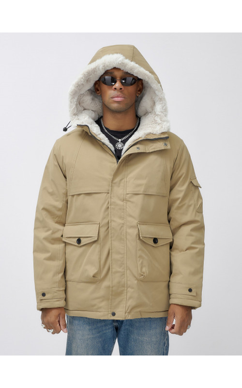 Мужская зимняя удлиненная парка с мехом горчичного оттенка. в Тюмени