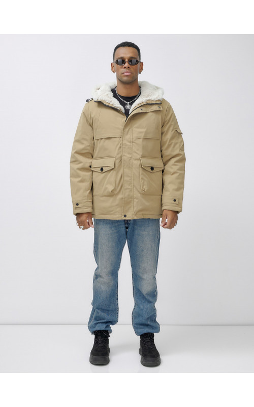 Мужская зимняя удлиненная парка с мехом горчичного оттенка. в Тюмени